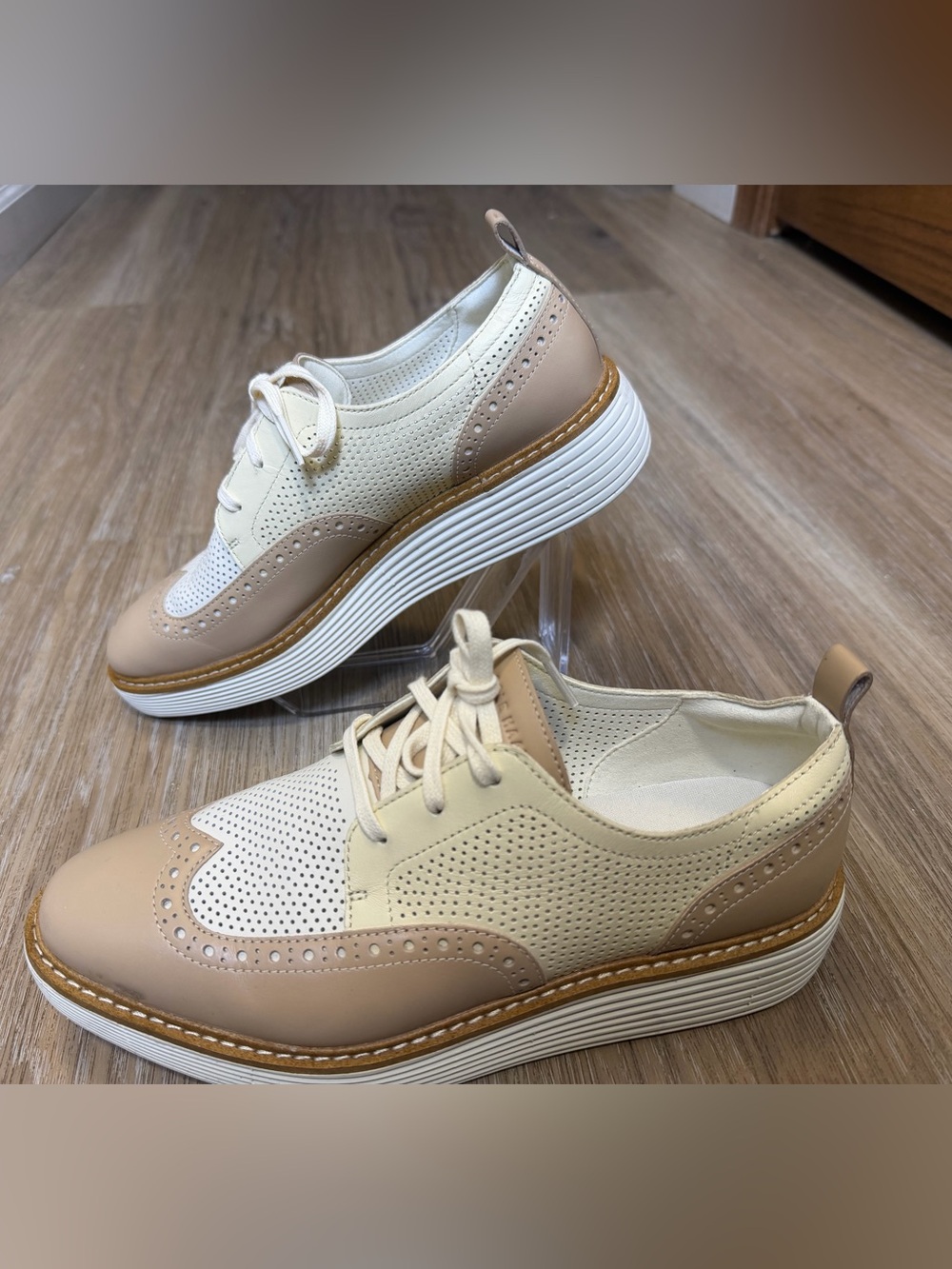 Cole Haan Grand 360 Platform Wingtip Oxfords Size 8 Beige Ivory New